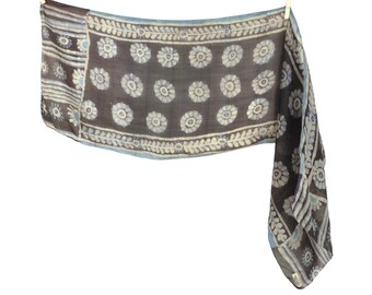 Vintage 70s Silk Batik Mod Bohemian Hippie Brown & Blue Floral Long Wide Neck Tie Scarf