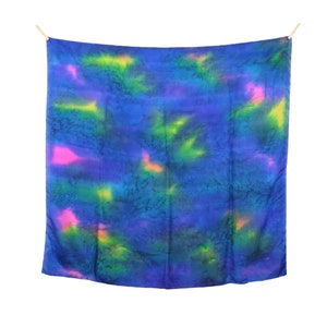 Vintage 2000s Y2K Silk Rave Festival Style Bright Neon Blue Multicoloured Acid Wash Tie Dye Large Square Bandana Neck Tie Scarf