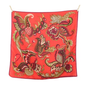 Vintage 70s Mod Psychedelic Abstract Paisley Fleur de Lis Red Square Bandana Neck Tie Scarf