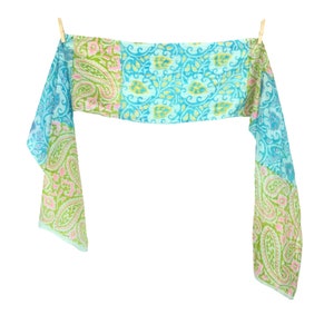 Vintage 60s Silk Mod Psychedelic Bright Neon Blue & Green Paisley Patterned Long Wide Neck Tie Scarf
