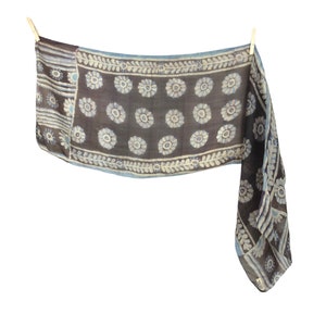 Vintage 70s Silk Batik Mod Bohemian Hippie Brown & Blue Floral Long Wide Neck Tie Scarf