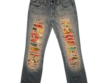 Y2K Ripped Denim Jeans | Vintage Floral Patchwork, 28" Waist