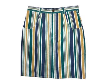 Vintage 90s High Waisted Green Yellow & White Striped Denim Knee Length Jean Skirt | Size M
