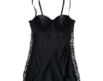 Vintage 2000s Black Silky Lingerie Bustier Corset Slip Top with Lace Panels & Push-Up Bra | Size S-M