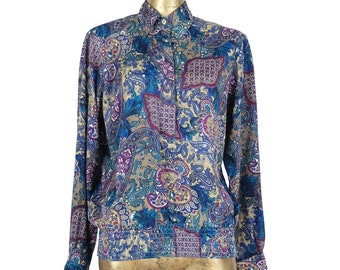 Vintage 80s Psychedelic Abstract Paisley Print Long Sleeve Collared Button Up Blouse with Padded Shoulders & Elasticated Waist