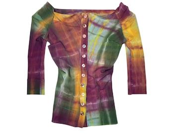 Vintage 2000s PLEIN SUD Abstract Multicolor Acid Wash 3/4 Sleeve Off-the-Shoulder Mesh Top | Size XS-S