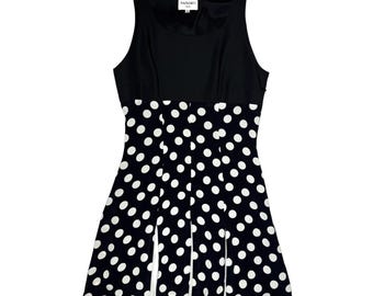Vintage 90s SANDRO Black & White Polka Dot Sleeveless Pleated A-Line Mini Dress | Size XS-S