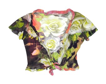 Vintage 2000s ROBERTO CAVALLI Floral Rose Print Short Sleeve Cropped Mesh Top with Ruffle Trim | Size M-L