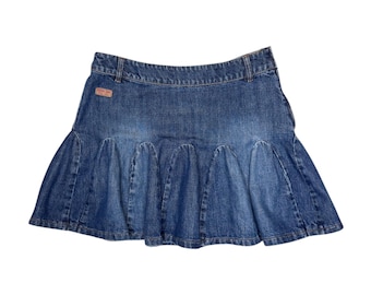 Vintage 2000s MOSCHINO Mid-Rise Fit & Flare Pleated Bubble Denim Mini Skirt | Size M