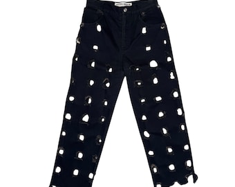 OTTOLINGER Subversive Grunge Black Distressed High Waisted Cropped Straight Leg Jeans with Burned Cutout Hole Detail | 28 Inch Waist