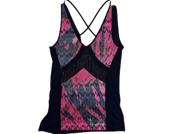 Vintage 2000s CUSTO BARCELONA Pink & Black Abstract Patterned Crossback Sleeveless Tank Top | Size S
