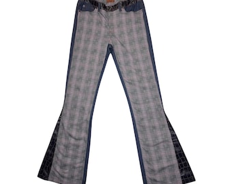 Vintage 2000s Mid Rise Plaid Check Print & Faux Snakeskin Denim Patchwork Flared Trousers | Size S