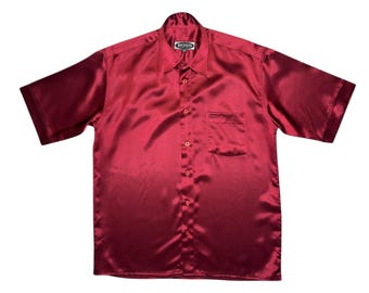 Vintage 2000er Jahre HUGO BOSS Herren seidiges kastanienbraunes Kurzarm-Kragenhemd | Größe M-L