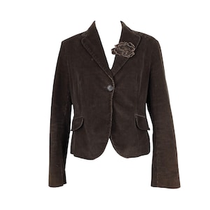 Vintage 2000s Y2K Boho Chic Dark Brown Velour Corduroy Collared Blazer Jacket with Rose Corsage Detail