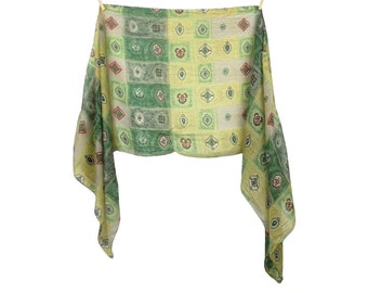 Vintage 90s Silk Bohemian Festival Fairy Style Green Abstract Geometric Patterned Long Wide Wrap Shawl Scarf