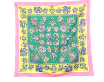 Vintage 60s Mod Psychedelic Kitsch Neon Bright Pink Green & Yellow Abstract Fleur-de-Lis Patterned Small Square Bandana Neck Tie Scarf