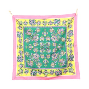 Vintage 60s Mod Psychedelic Kitsch Neon Bright Pink Green & Yellow Abstract Fleur-de-Lis Patterned Small Square Bandana Neck Tie Scarf