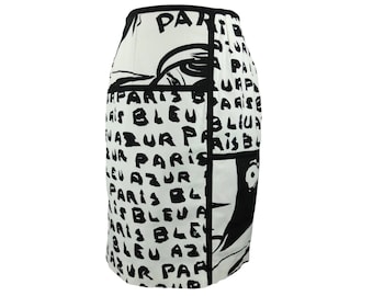 Vintage 90s Paris Print Midi Skirt | Abstract Graphic, 28 Inch Waist