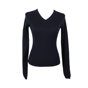 Vintage 2000s Y2K Calvin Klein Jeans Navy Blue Wool Fitted V-Neck Sweater Pullover | Size XS