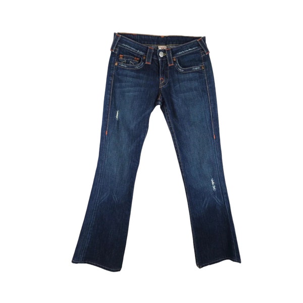 Vintage 2000er Jahre Y2K True Religion Low Rise Dark Wash Blau Denim Straight Leg Bootcut Jeans