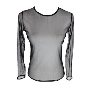 Vintage 2000s Y2K Grunge Gothic Black Sheer Scoop Neck Long Sleeve Mesh Top | Size S-M