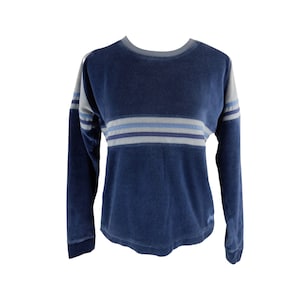 Y2K Velour Striped Pullover | Vintage 2000s Navy Blue Sweatshirt (XS-S)