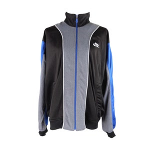 Vintage 90s Y2K Nike Sports Grey Blue & Black Zip Up Track Top Jacket with Sleeve Spellout | Men’s Size M