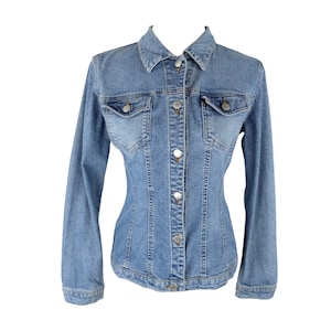 Vintage 2000s Y2K Miss Sixty Bohemian Light Wash Collared Button Down Fitted Denim Jean Jacket | Size S
