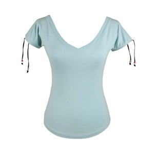 Vintage 2000s Y2K Moschino Jeans Designer Light Blue V-Neck T-shirt Top with Beaded Tie Detail