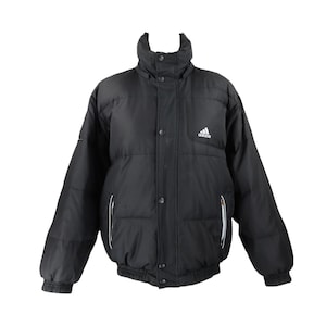 Vintage 2000s Y2K Streetwear Sportswear Adidas Solid Black Snap Button Down High Roll Neck Padded Puffer Jacket | Men’s Size L