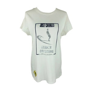 Vintage 2000s Y2K Just Cavalli Beachwear Men's White Crew Neck Short Sleeve Surfer Crossing Graphic T-Shirt | Men's Size L
