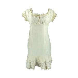 Vintage 2000s Y2K Bohemian Hippie Cottage Style White Cream Distressed Short Sleeve Below-the-Knee Ruffled Midi Dress | Size S-M