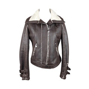 Vintage 2000s Y2K Moto Brown & Cream Faux Shearling Fleece Zip Up Faux Leather Jacket with Buckle Details