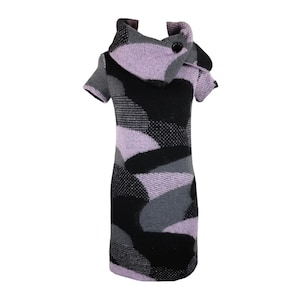 Vintage 2000s Y2K Miss Sixty Mod Bohemian Chic Purple & Black Geometric Cowl Turtleneck Neck Short Sleeve Below-the-Knee Sweater Dress