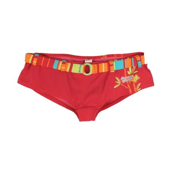 Vintage 2000s Y2K Bohemian Red Tropical Bamboo Patterned Low Rise Swimsuit Cheeky Bikini Bottoms