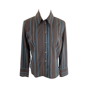 Vintage 2000s Y2K Preppy Mod Bohemian Dark Brown & Blue Striped Collared Long Sleeve Button Up Blouse | Size L