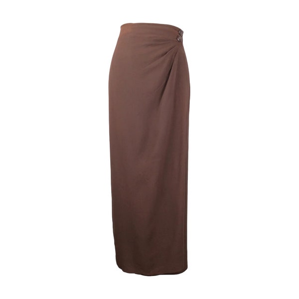 Vintage 90s Y2K Marella Mod Minimalist Chic Solid Basic Brown Straight Silhouette Draped Maxi Skirt | Size L