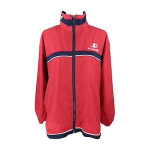 Vintage 2000s Y2K Men’s Streetwear Athletic Style Red & Navy Blue High Roll Neck Hooded Zip Up Windbreaker Jacket | Men’s Size L