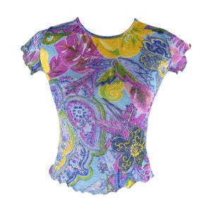 Vintage 2000s Y2K Floral Paisley manga corta malla crop top con dobladillo de lechuga / Tamaño XS-S