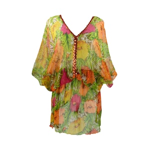Vintage 2000s Y2K Silk Bohemian Hippie Sheer V-Neck 3/4 Butterfly Sleeve Mini Dress Tunic with Cinched Waist & Sequin Detail | Size S