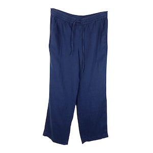 Vintage 2000s Y2K Linen Minimalist Bohemian Dark Blue Loose Fit Wide Leg Pants | 33 Inch Waist