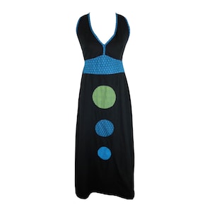 Vintage 2000s Y2K Bohemian Hippie Festival Style Black & Blue Circle Geometric Patterned Sleeveless Halter Floor Length Maxi Dress | Size S