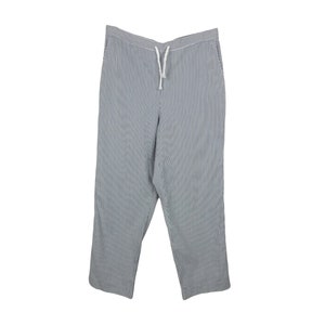 Vintage 90s Nautical Style Blue White Striped Relaxed Fit Trouser Pants with Elasticated Waist & Drawstring | 35 Inch