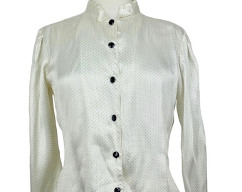 Vintage 70s Mod Avant Garde Silky White & Black Polka Dot Button Down Long Sleeve Blouse | Women’s Size Small-Medium