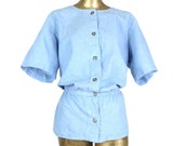 Vintage 70s Light Wash Blue Denim Button Up Peplum Cinched Waist Half Sleeve Blouse