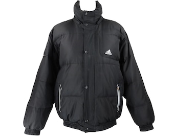 Vintage 2000s Y2K Streetwear Sportswear Adidas Solid Black Snap Button Down High Roll Neck Padded Puffer Jacket | Men’s Size L