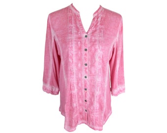 Vintage 2000s Y2K Bohemian Hippie Bright Pink Distressed Wash V-Neck 3/4 Sleeve Button Down Blouse | Size L