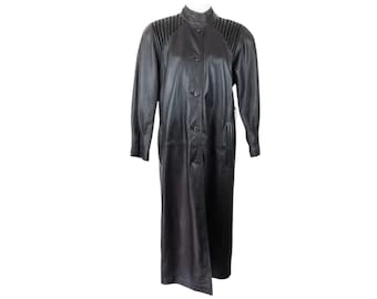Vintage zwarte leren maxi-jas jaren 80, gotische grunge-geul, gewatteerde schouders