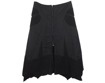Vintage 00s Y2K Subversive Gothic Grunge Black Asymmetrical Low Rise Midi Skirt with Front Zip Detail