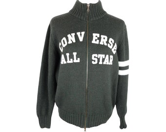 Vintage 90s Y2K Chuck Taylor Converse All Star Preppy Academia Style Dark Green & White Striped Ribbed High Roll Neck Double Zip Up Sweater